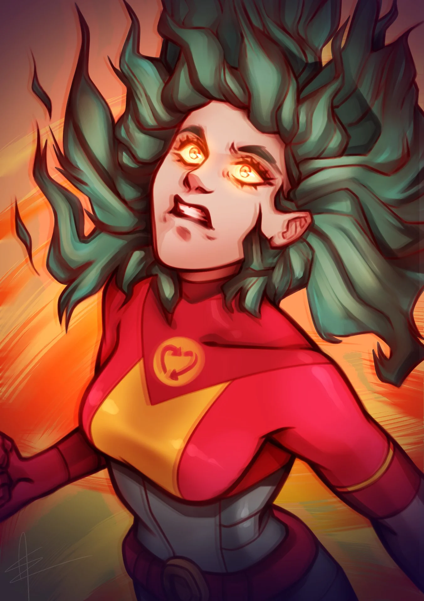Dramatic Planetina portrait with glowing eyes and fiery background