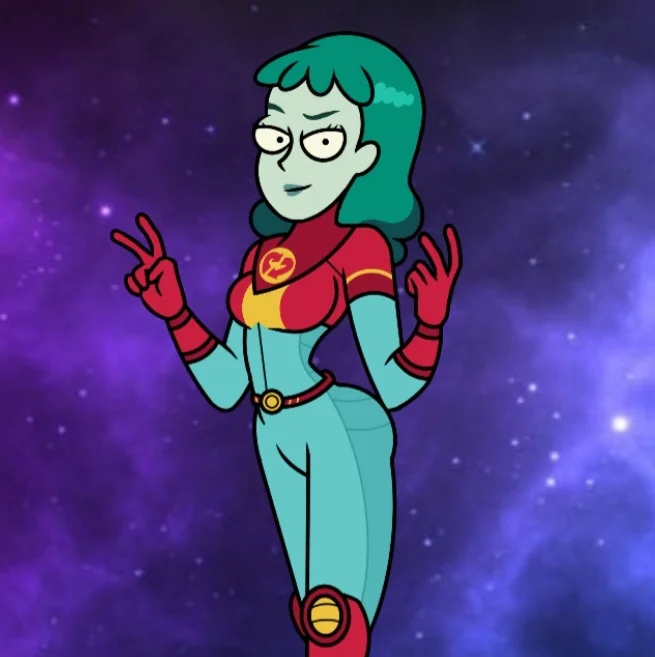 Planetina making peace signs against purple space background