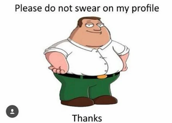 Please Do Not Swear On My Profile Thanks — An animated cartoon character with concerned expression with text reading 'Please do not swear on my profile' above