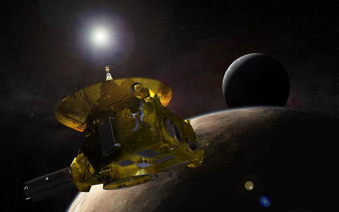New Horizons spacecraft flying past Pluto and Charon illustration