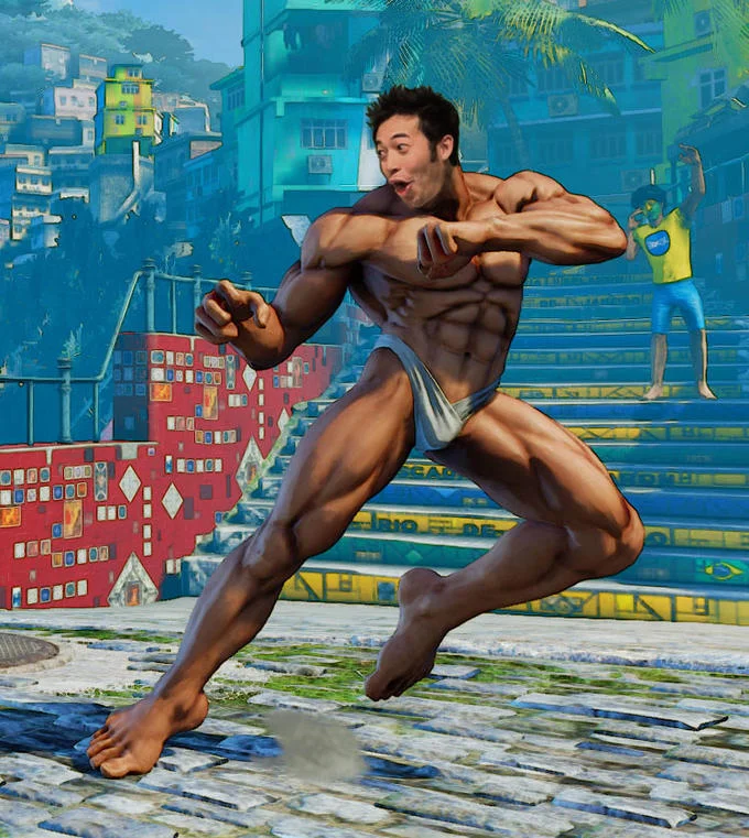 Street Fighter character with PogChamp face photoshopped on muscular body