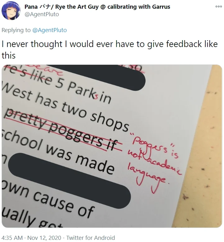 Tweet showing a teacher noting 'Poggers is not academic language' on a student essay