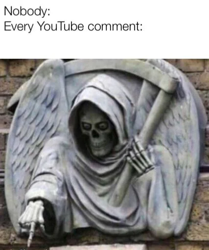 Pointing Grim Reaper Statue — Pointing grim reaper meme captioned 'Reddit when they see this meme for the 10 millionth time'