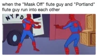 Pointing Spider-Man meme with humorous text overlay about flute players in mutual pointing pose.