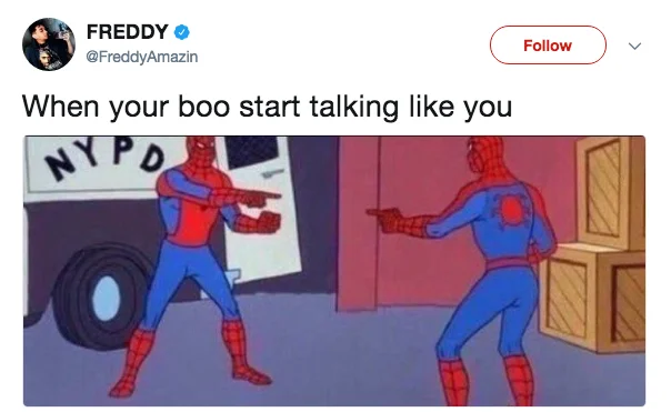 A Twitter screenshot pairing the classic 1967 Pointing Spider-Man with text about a couple talking like each other.