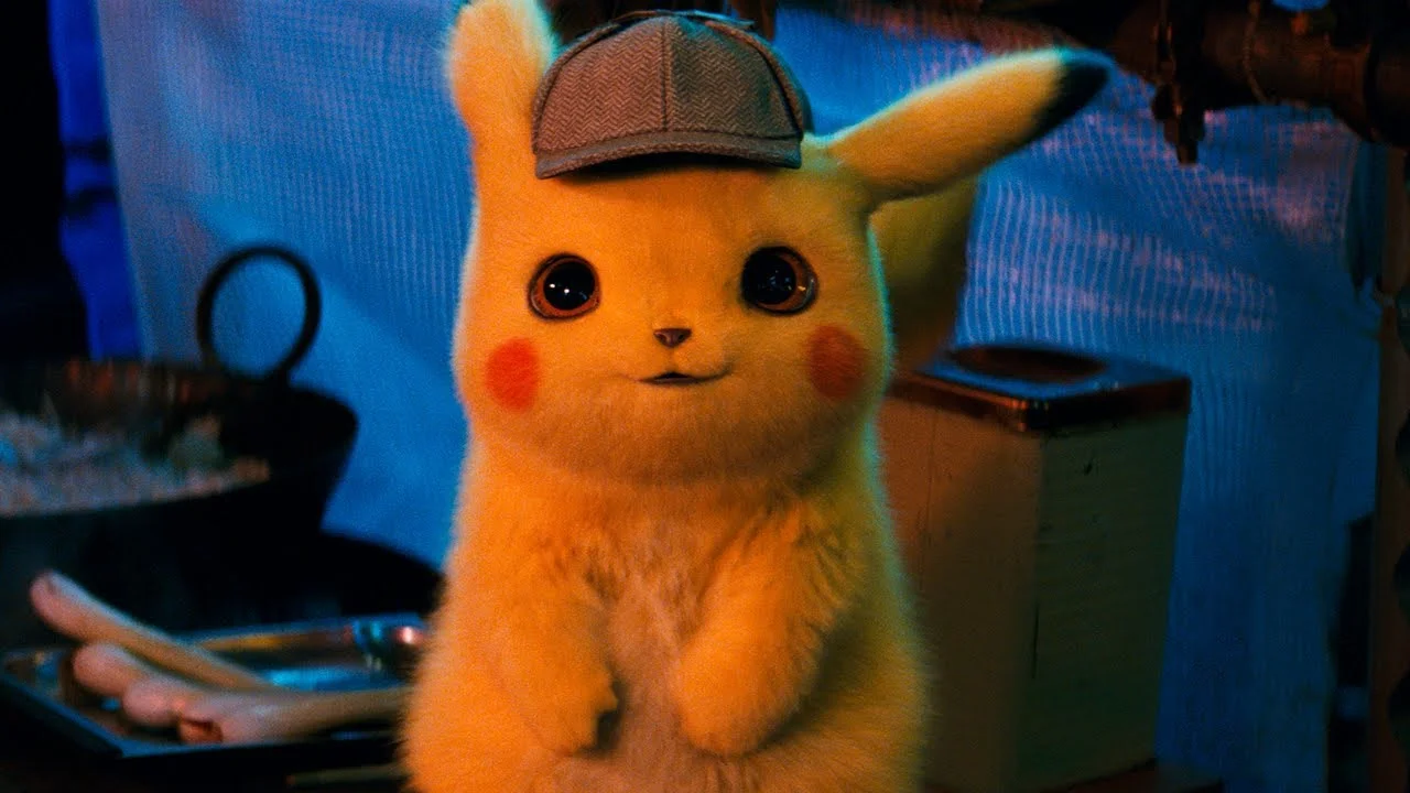 Pokémon: Detective Pikachu (2019 Film) — Realistic furry CGI Pikachu wearing a brown detective hat in a bar scene
