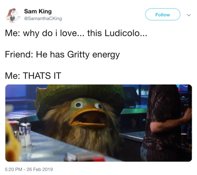 Pokémon: Detective Pikachu (2019 Film) — Tweet comparing Detective Pikachu's Ludicolo to the mascot Gritty
