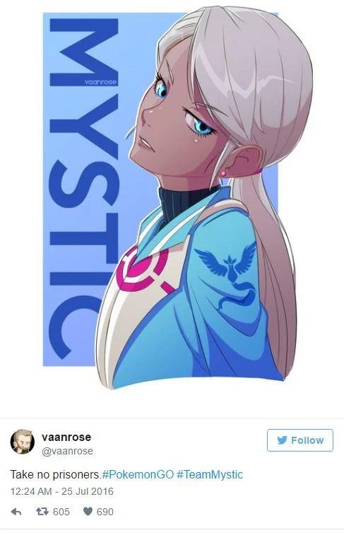 Pokemon Go — A tweet displaying high-quality anime-style fan art of Blanche from Team Mystic in profile view with dramatic blue styling.