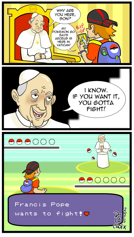 A three-panel comic parodying Pokemon GO where the Pope battles a trainer at the Vatican over an Arceus Pokemon.