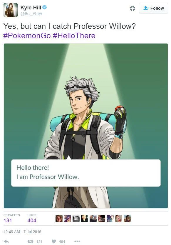 Pokemon Go — A Facebook post screenshot overlaid on the Professor Willow introduction screen with explicit humorous reactions to his appearance.
