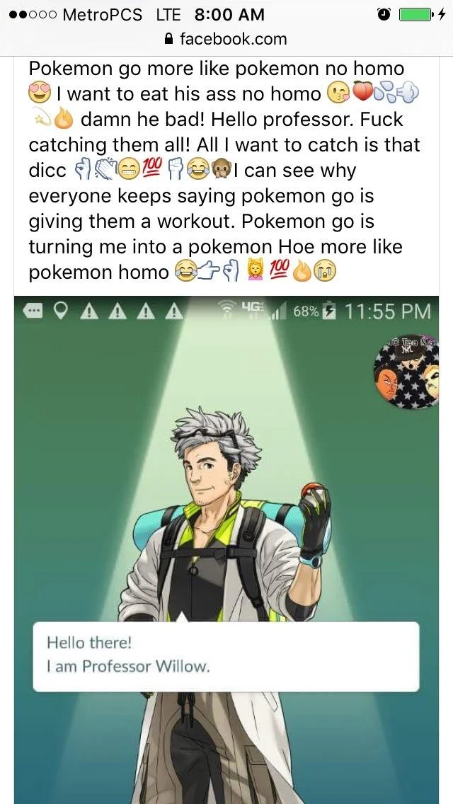 The Pokemon GO Professor Willow introduction screen covered in overlaid hashtag text expressing attraction and thirst.