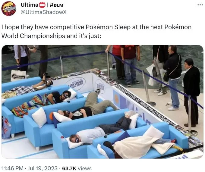 Photo of people sleeping on blue couches in a tournament setting used to joke about competitive Pokémon Sleep