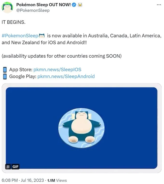 Pokémon Sleep — Tweet from @PokemonSleep announcing the game's launch in select regions