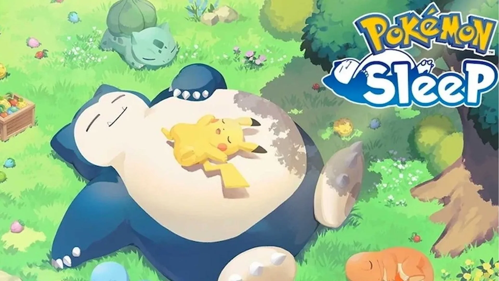 Snorlax sleeping with Pikachu on its stomach and other Pokémon in a grassy meadow, next to the Pokémon Sleep logo