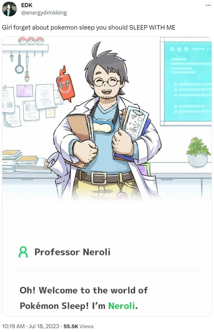 Pokémon Sleep — Tweet joking about Professor Neroli with fan art and his in-game intro screen