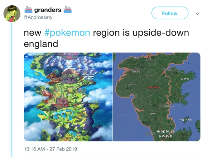 Pokémon Sword and Shield — Tweet comparing the Galar region map to an upside-down map of England.