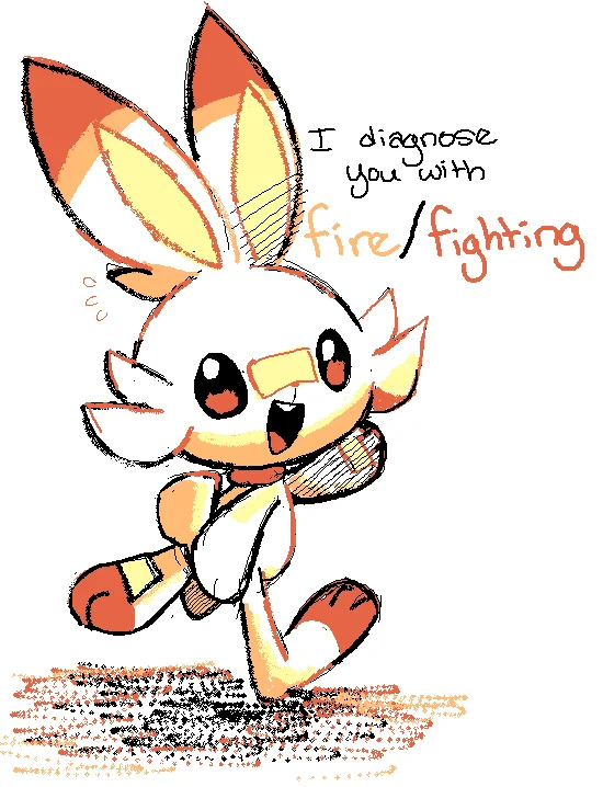 Pokémon Sword and Shield — Fan art of Scorbunny with the caption 'I diagnose you with fire/fighting.'