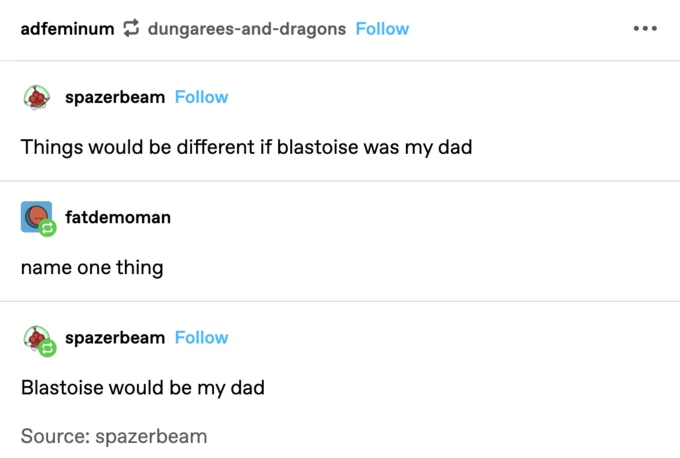 Pokeparents — Blastoise Dad meme offering pizza and ice cream for dinner.