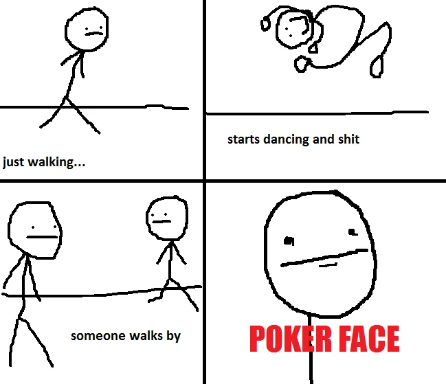 A four-panel rage comic showing awkward dancing met with the meme's iconic emotionless Poker Face response.