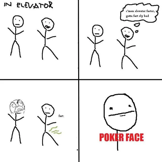 A four-panel rage comic depicting poker-playing scenarios culminating in the Poker Face character's signature blank expression.