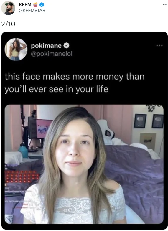 Pokimane No Makeup — Keemstar tweet rating Pokimane's clapback tweet '2/10' in dark mode