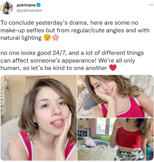 Pokimane No Makeup — Pokimane tweet with three no-makeup selfies responding to the controversy