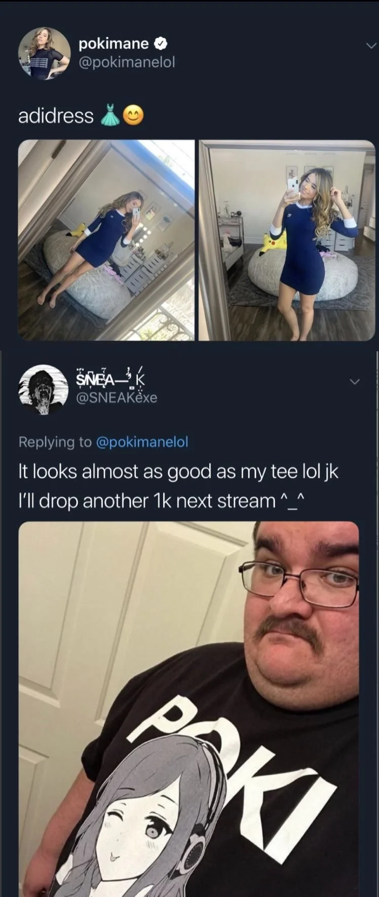 Pokimane tweet with blue Adidas dress selfies and a fan reply showing him in a Poki anime T-shirt