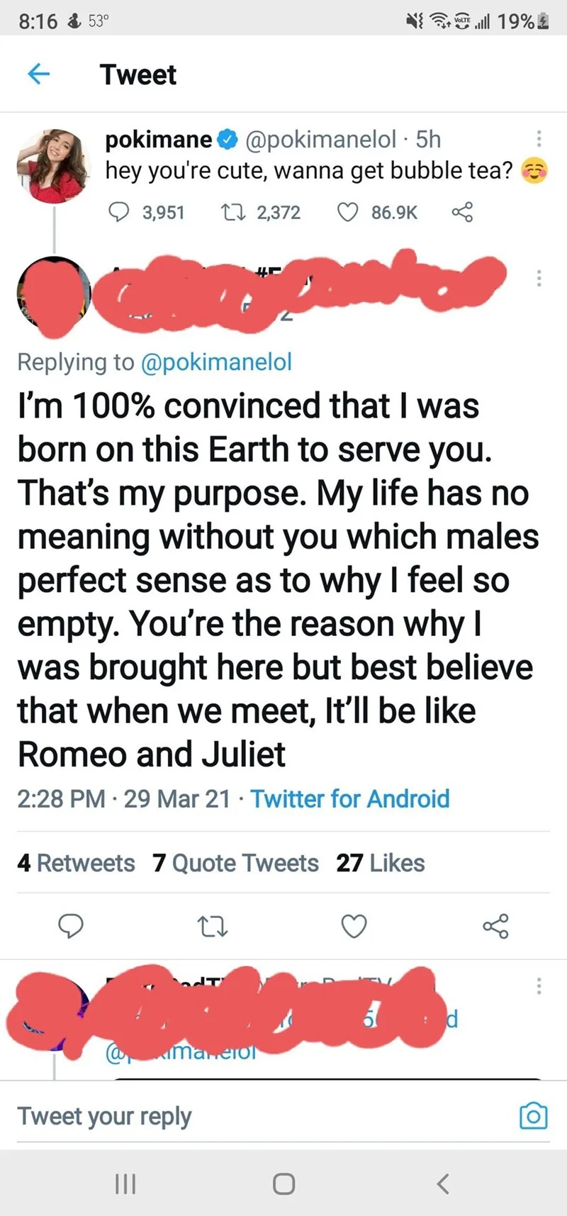 Screenshot of Pokimane's bubble tea tweet with an over-the-top parasocial fan reply