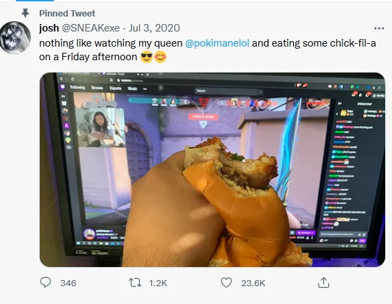 Tweet by a fan showing a Chick-fil-A sandwich in front of a monitor streaming Pokimane on Twitch