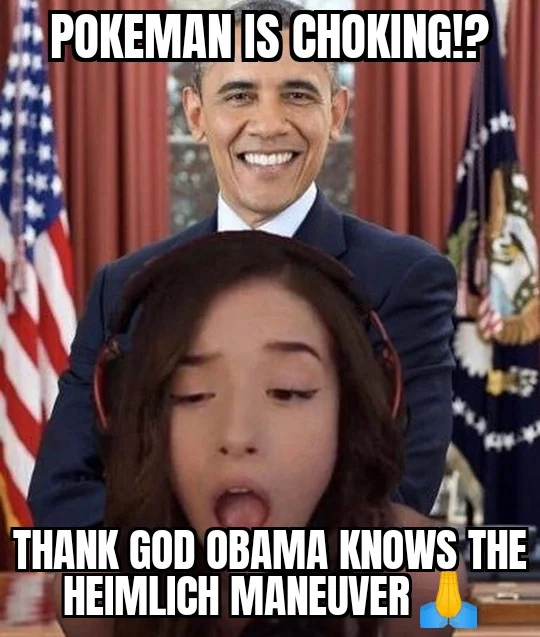 Meme of Obama standing behind Pokimane with text joking about the Heimlich maneuver