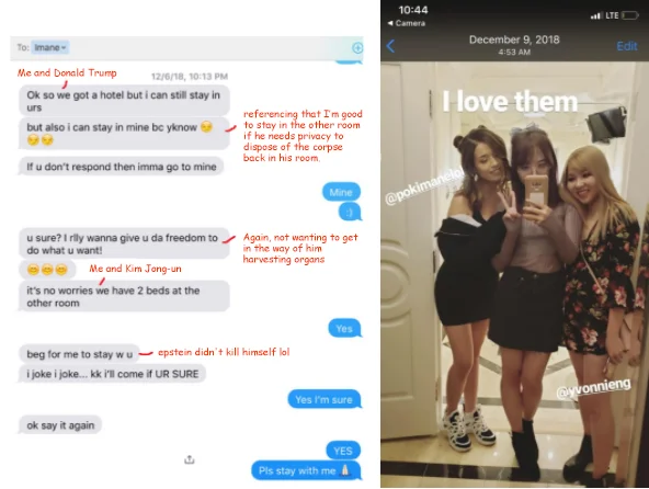 Side-by-side of an annotated text-message meme and a Pokimane mirror selfie story with two friends