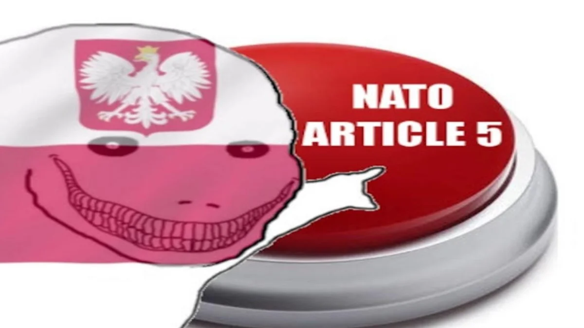 Poland Wojak Pushing Nato Article 5 Button — Poland-flagged wojak with a wide grin pressing a red NATO Article 5 button