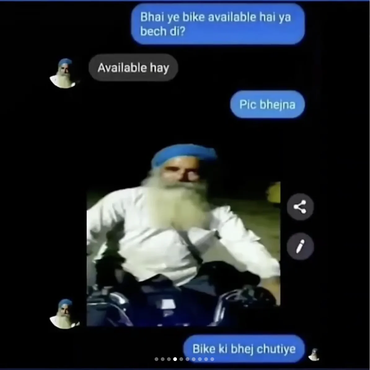 Pols Aa Gyi Pols — Chat screenshot where a bike seller sends his own selfie instead of a bike photo, with reply 'Bike ki bhej chutiye'