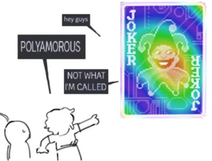 "Polyamorous" "Not What I'm Called" — Holographic Joker card from Balatro replacing the character in the polyamorous meme