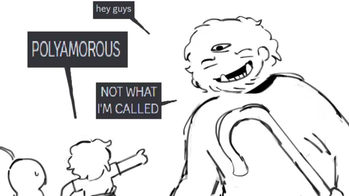 "Polyamorous" "Not What I'm Called" — Sketch of a muscular smug figure saying 'not what I'm called' after being called 'polyamorous'