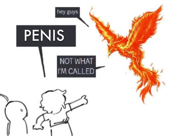 "Polyamorous" "Not What I'm Called" — Phoenix bird mislabeled 'penis' in a polyamorous meme format variant