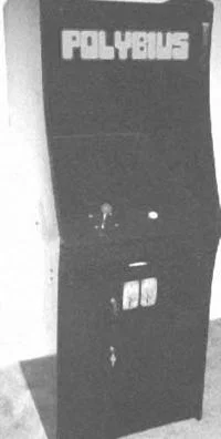 A black and white vintage arcade cabinet displaying 'POLYBIUS' on its marquee depicting the legendary machine.