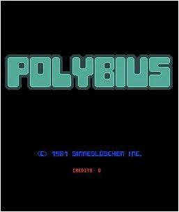 Cyan-colored Polybius title screen from the fictional 1981 arcade game with copyright text and credit counter.