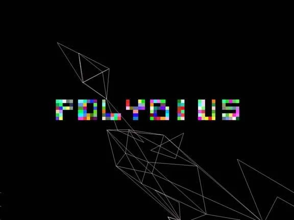 Polybius arcade game title rendered in colorful pixelated 8-bit letters with abstract wireframe geometric shapes on black background.