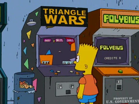 A screenshot from The Simpsons showing Homer Simpson at an arcade with multiple cabinets labeled 'POLYBIUS' and 'TRIANGLE WARS.'