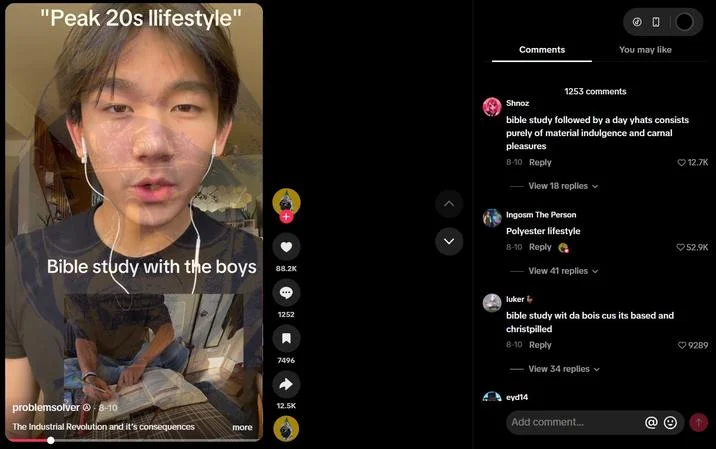 Polyester (Slang) — TikTok screenshot titled 'Peak 20s lifestyle' with a top comment reading 'Polyester lifestyle'