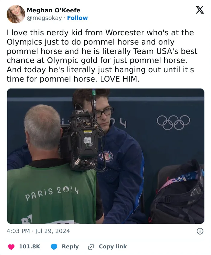 Pommel Horse Guy — A screenshot of a social media post discussing the athlete's exclusive dedication to pommel horse and viral fame.