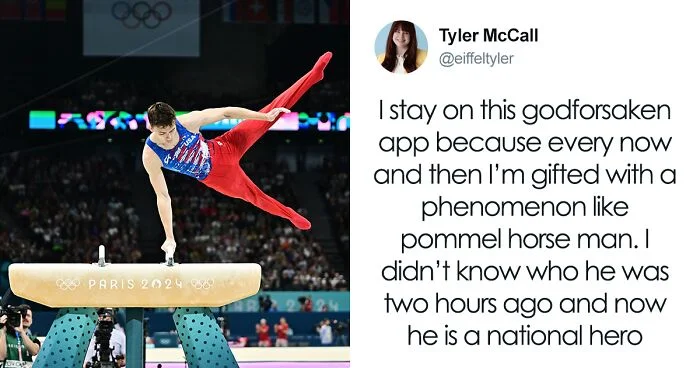 Pommel Horse Guy — A screenshot of a viral tweet featuring the pommel horse athlete mid-performance at Paris 2024 with commentary about his viral fame.