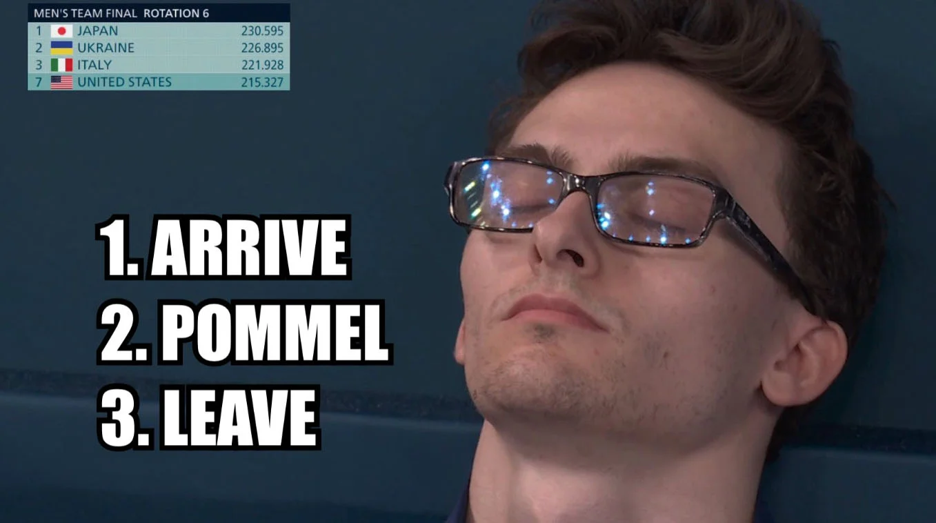Pommel Horse Guy — The pommel horse athlete wearing glasses in a three-step meme format listing Olympic strategy: Arrive, compete, leave.