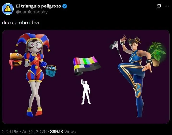 Pomni And Chun Li Relapse Hypnosis Ai Video — Twitter post by @damianboshy showing 3D renders of Pomni and Chun-Li with caption 'duo combo idea'