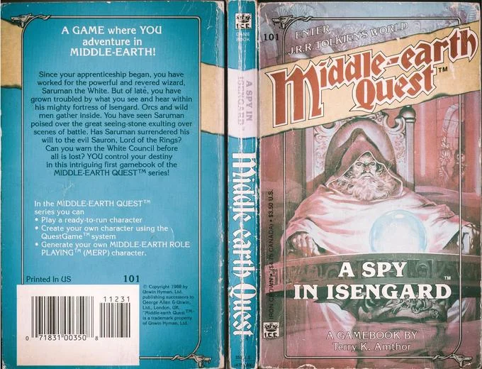Pondering My Orb — Front and back cover of A Spy in Isengard Middle-earth Quest gamebook featuring Saruman illustration