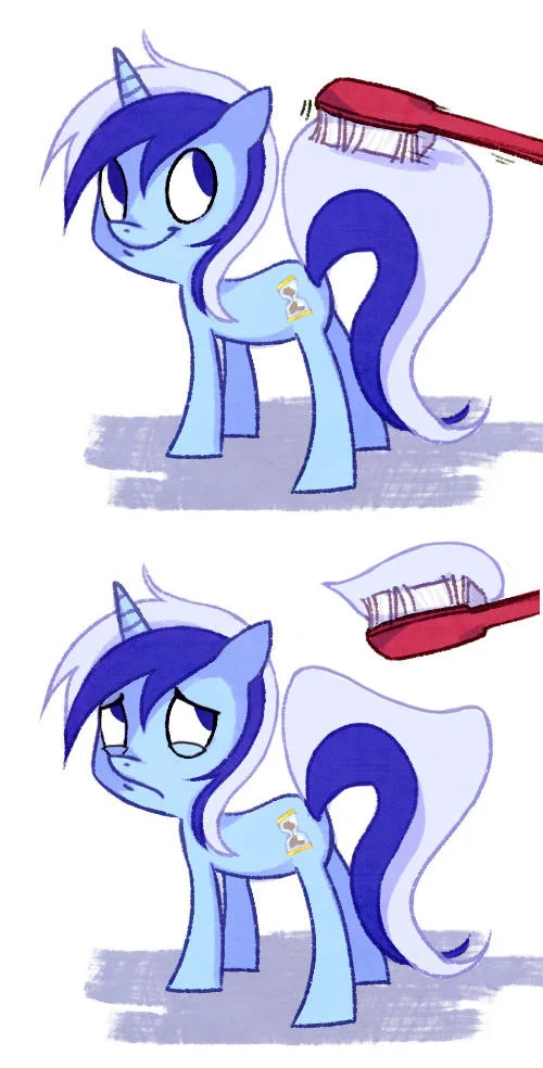 Pony Re Imaginings — A two-panel fan illustration of Minuette being brushed like a toothbrush matching her blue-and-white color scheme.
