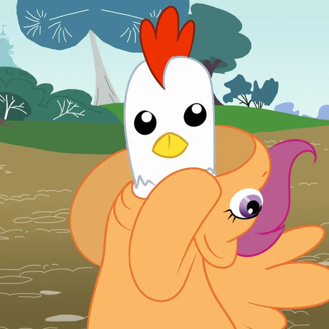 Pony Re Imaginings — Fan-art illustration of Scootaloo with a cartoon chicken face replacing her own in a Ponyville landscape.