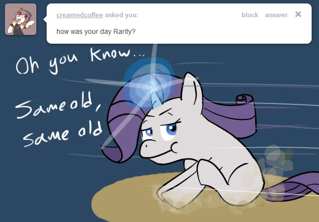Pony Re Imaginings — A Tumblr ask-blog screenshot showing a tired Rarity lying flat with handwritten reply about her day.