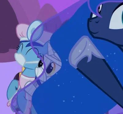 Pony Re Imaginings — A screenshot from My Little Pony showing Trixie in costume alongside Princess Luna in a magical starlit setting.